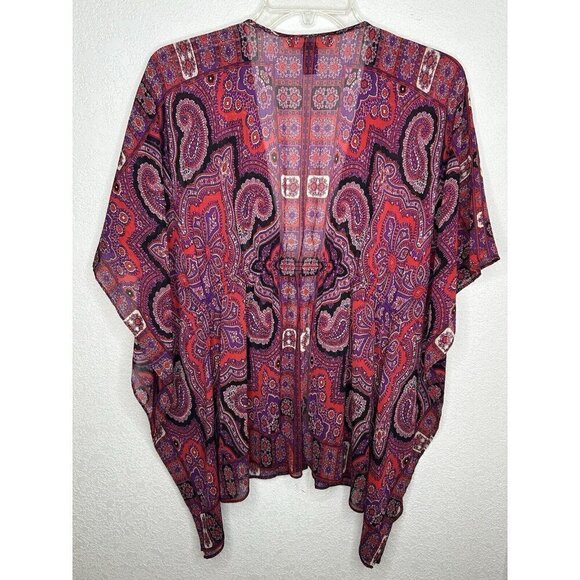 INC Top Womens 8 Kimono Tie Waist Pink Red Paisley Semi Sheer Ruched Back Boho - Picture 2 of 8